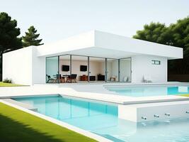buitenkant van modern minimalistische huis met zwemmen zwembad, generatief ai foto