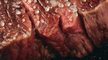 generatief ai, rauw vers rundvlees steak Aan de tafel met kruiden en kruiden, dichtbij omhoog macro foto, esthetisch gedempt kleuren foto