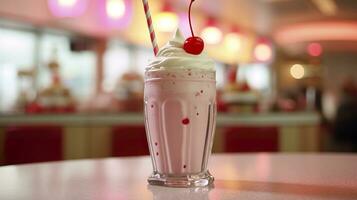 kers milkshake in een klassiek Amerikaans diner. voedsel fotografie concept. generatief ai foto