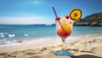 cocktail glas Aan de zanderig strand in de buurt de zee in zomer tijd. generatief ai foto