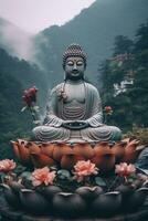 Boeddha standbeeld in de bergen, met lotus bloemen, natuurlijk verlichting, natuurlijk omgeving. generatief ai foto