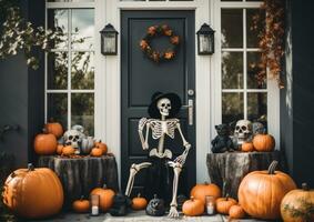 skelet zittend Aan de voorkant deur en decoraties halloween pompoenen buiten een huis ai gegenereerd foto