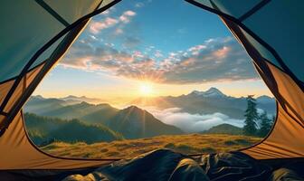 mooi visie van sereen berg landschap van binnen een tent ai gegenereerd foto