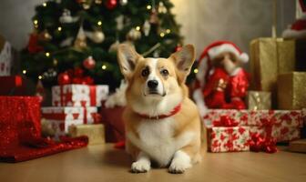 aanbiddelijk gelukkig corgi hond met cadeaus en presenteert onder Kerstmis boom ai gegenereerd foto