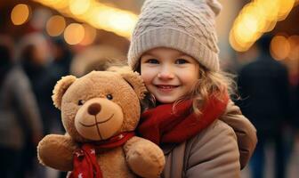 een meisje kleuter glimlachen en Holding een bruin teddy beer ai gegenereerd foto