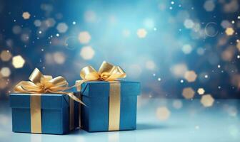 blauw Kerstmis geschenk dozen met goud boog Aan blauw onscherp vakantie achtergrond ai gegenereerd foto