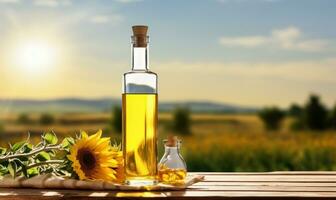 transparant fles van olie staat Aan een houten tafel Aan van een veld- van zonnebloemen achtergrond ai gegenereerd foto