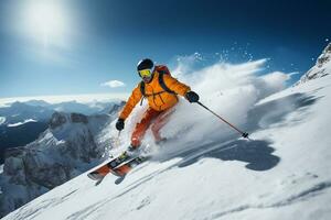 skiër skiën en jumping Aan besneeuwd helling in de bergen. avontuur sport werkzaamheid in de winter seizoen. generatief ai. foto