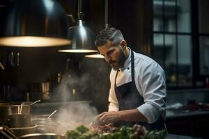 professioneel chef Koken in de keuken restaurant. fijnproever chef portie voedsel Aan borden in een reclame keuken. generatief ai. foto