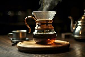 een alternatief koffie brouwen methode is zuiver over, een glas theepot Aan een houten dienblad. generatief ai foto