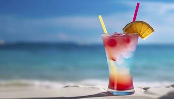 cocktail glas Aan de zanderig strand in de buurt de zee in zomer tijd. generatief ai foto