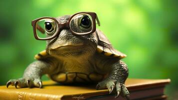 een schattig weinig groen schildpad met bril, genereren ai foto