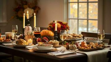 dankzegging dag avondeten tafereel, reeks in een prachtig versierd dining kamer met herfst - themed decor, kaarsen flikkeren zacht, en een familie tafel, ai gegenereerd foto