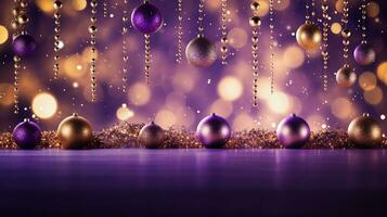 vrolijk Kerstmis en gelukkig nieuw jaar kaart ontwerp met gouden en Purper hangende ballen, ai gegenereerd foto