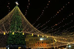 Kerstmis boom gloeit Aan de plein in de stad. avond, nacht verlichting foto