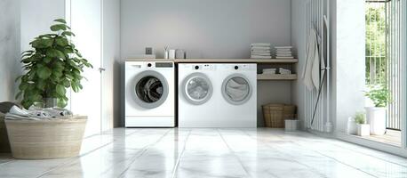 wit wazig huis wasserij kamer met modern het wassen machine foto