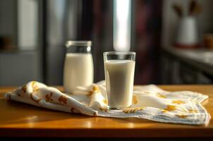 een glas van melk in een dorp keuken Aan een handdoek. karaf met melk. generatief ai foto