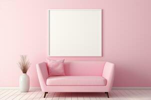 roze minimalistisch 3d interieur met mockup schilderij Aan de muur. roze bank. generatief ai foto