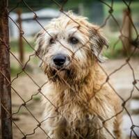 verdrietig hond achter de schutting. ai gegenereerd. wereld dakloos dieren dag. cel foto