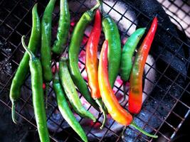 lokaal Thais noordelijk stijl Koken Chili saus en gegrild Chili in steen Mortier foto