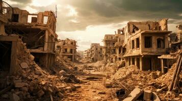 vernietigd stad- met instortend structuren in oorlog. generatief ai foto