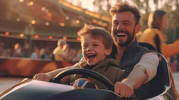 vrolijk vader en zoon en hebben pret terwijl het rijden een bumper auto in een amusement park. generatief ai foto