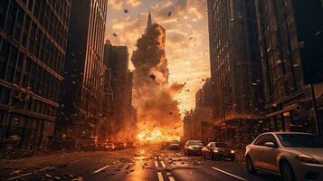 explosie in een stad met hoog gebouwen in oorlog. generatief ai foto