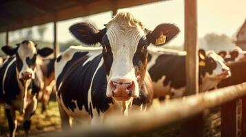zuivel koeien in een boerderij, boerderij zuivel en melk productie vee industrie. generatief ai foto