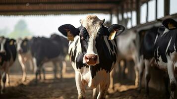 zuivel koeien in een boerderij, boerderij zuivel en melk productie vee industrie. generatief ai foto