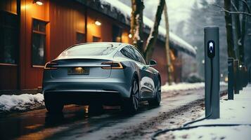 achterzijde visie van elektro auto geparkeerd in de straat station in winter. foto