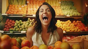 een gelukkig en opgewonden vrouw donker haren klant binnen op te slaan voorkant visie fruit en groenten Aan pastel oranje achtergrond. generatief ai foto