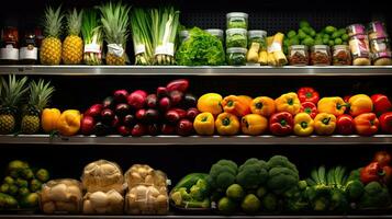 fruit en groenten Aan plank in supermarkt. generatief ai foto