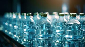 drinken water zijn gebotteld in plastic flessen in een schoon fabriek. generatief ai foto