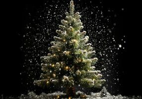 Kerstmis boom met sneeuw geïsoleerd Aan donker achtergrond. ai generatief foto