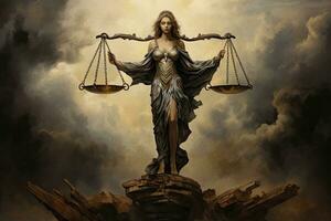 standbeeld van de godin van gerechtigheid met balans van gerechtigheid in wolken, voorzien gerechtigheid, ai gegenereerd foto