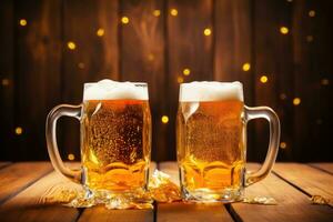 ai gegenereerd twee bier mokken gevulde met bier en bier schuim, rustiek achtergrond foto