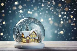 ai gegenereerd huis model- in sneeuw wereldbol foto