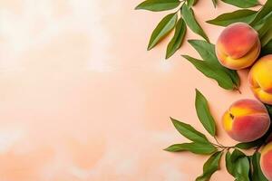 ai gegenereerd perzik fruit banier Aan pastel roze achtergrond foto