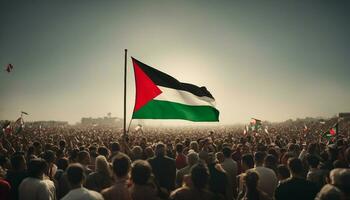 demonstranten Golf Palestijn vlaggen in de lucht Bij een solidariteit protest veeleisend een einde naar Israëlisch apartheid en vandaar reiniging in bezet Palestina. foto