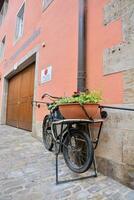 een fiets met een planter Aan de terug is geparkeerd in voorkant van een gebouw foto