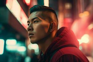 Aziatisch mannetje heup hop stijl Aan verlichte straat achtergrond. genereren ai foto