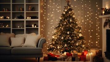 ai generatief prachtig versierd Kerstmis huis, met bokeh lichten en venster foto
