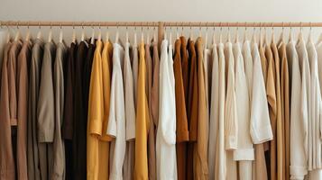 generatief ai, kleding op te slaan esthetisch achtergrond, foto van kleren hangende Aan hangers, gedempt neutrale kleuren