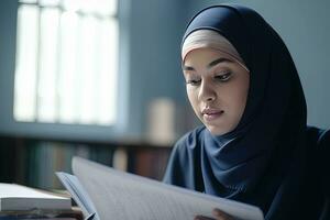vrouw lezing een boek in een bibliotheek met hijaab, onderwijs concept, ras- diversiteit. generatief ai. foto