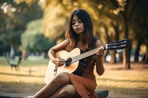 persoon spelen gitaar in park, leerling aan het studeren muziek- buitenshuis. generatief ai. foto