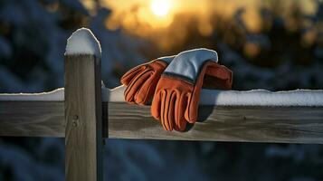 ai generatief wanten, sneeuw handschoenen in de sneeuw in vroeg ochtend- zonlicht foto