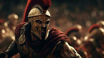 generatief ai, realistisch illustratie van een woest gladiator aanvallend, rennen. gepantserd Romeins gladiator in gevecht zwaaiende een zwaard opladen naar zijn vijand. foto