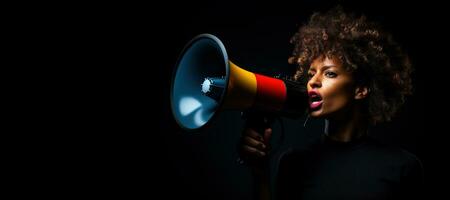 generatief ai, studio schot van Afrikaanse vrouw gebruik makend van een megafoon tegen een zwart achtergrond, een krachtig uitspraak foto