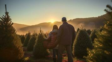 ai generatief paren zoeken en snijdend samen de Rechtsaf pijnboom boom voor kerstmis, vroeg ochtend- zonneschijn foto