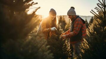 ai generatief paren zoeken en snijdend samen de Rechtsaf pijnboom boom voor kerstmis, vroeg ochtend- zonneschijn foto